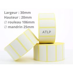 Etiquettes adhésives thermique 30x20mm mandrin 25mm Ø 106mm rouleau de 2500 étiquettes
